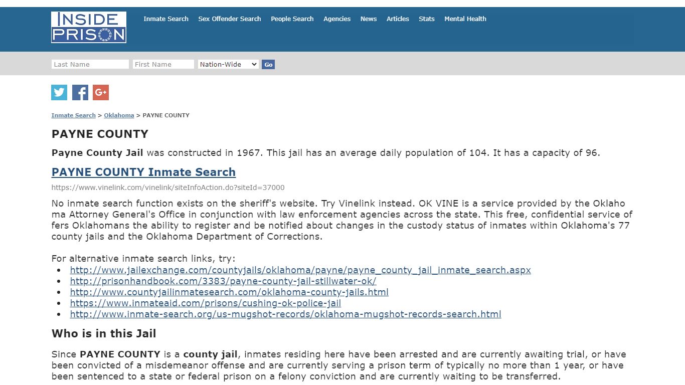 PAYNE COUNTY - Oklahoma - Inmate Search
